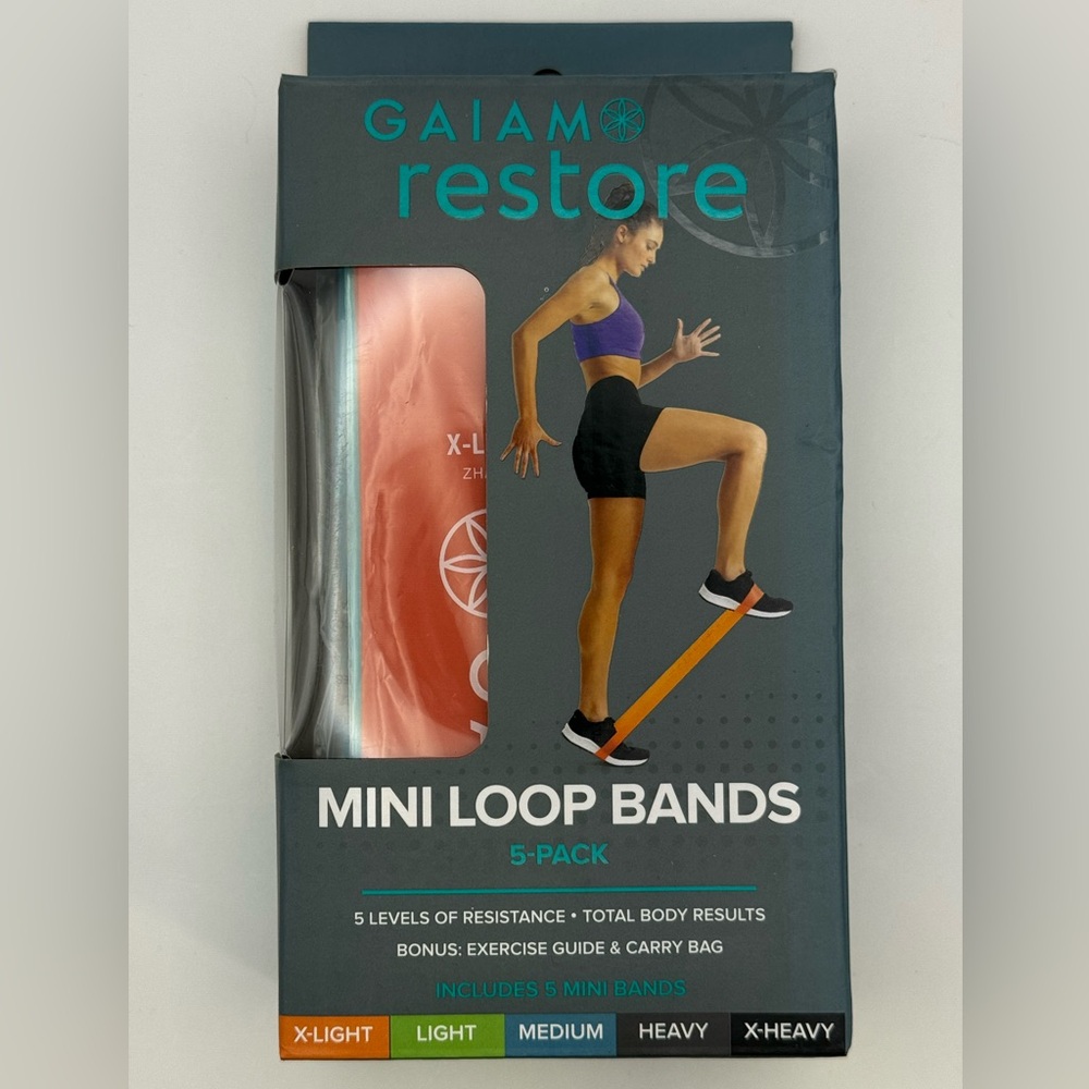 GAIAM Mini Loop Bands 5-Pack Set with Exercise Guide and Carry Bag - Picture 1 of 4